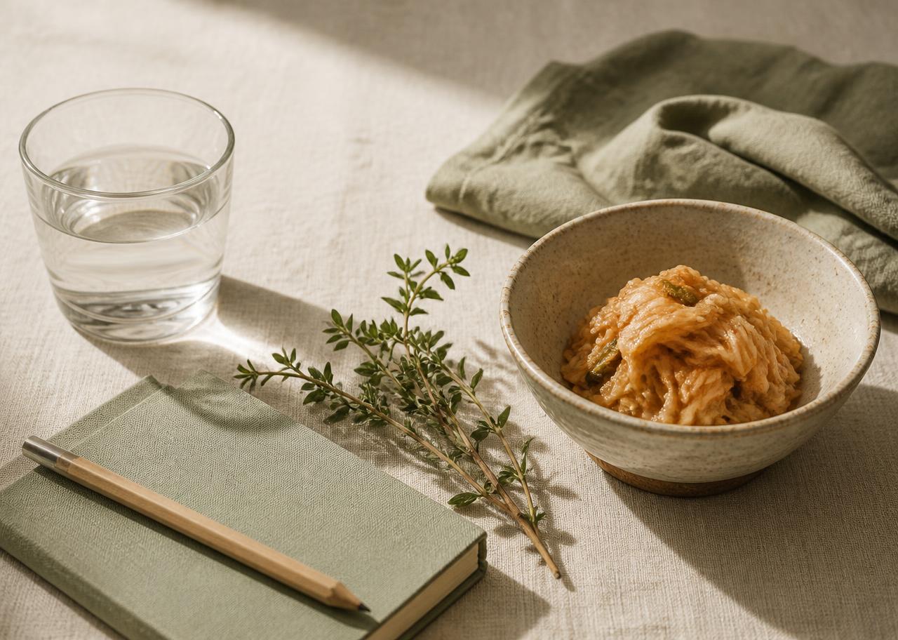 Vaso de agua, cuaderno, hierbas frescas y un bol con alimentos fermentados sobre lino