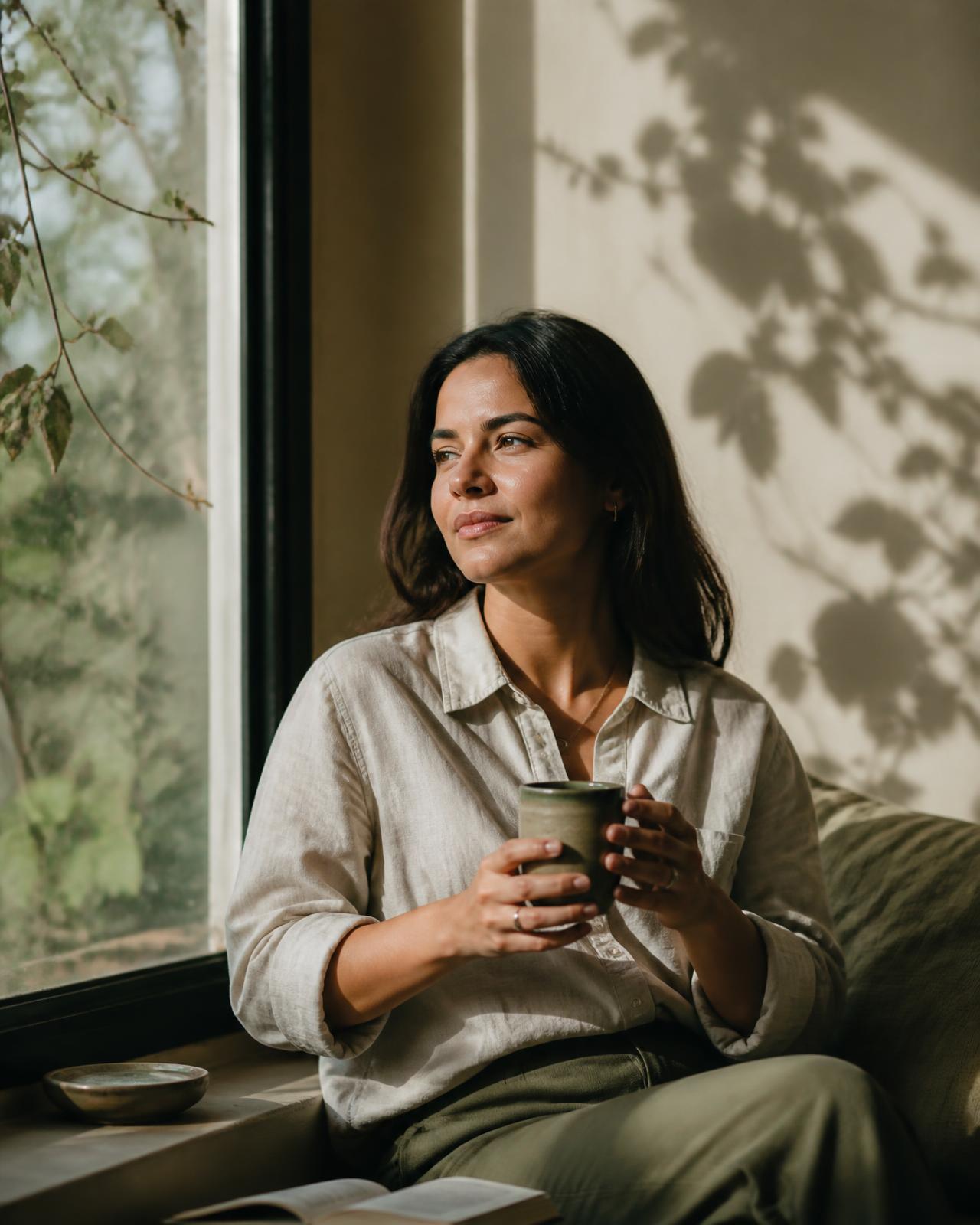 Mujer sentada junto a una ventana con una taza, observando la luz de la mañana